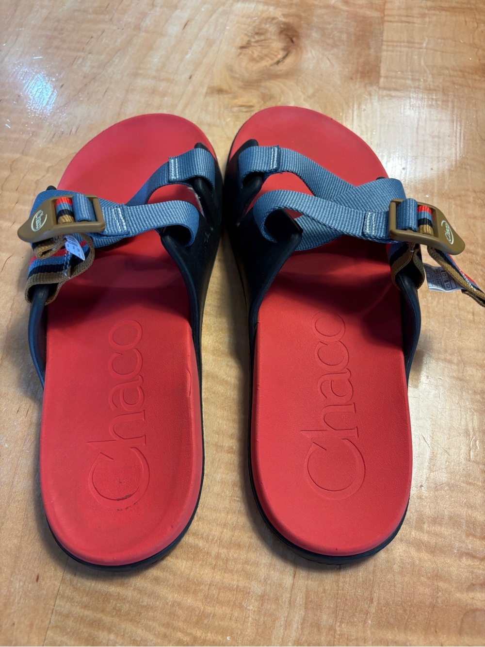 Chaco Red Footbed Slides with Blu Webbing Straps, Casual, Hiking, Outdoor Sandal